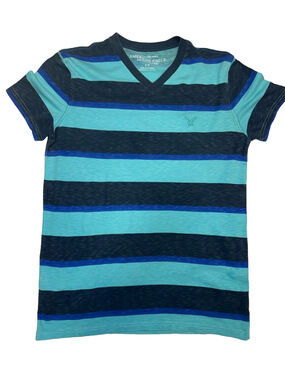 American Eagle Outfitters V-Neck Striped Tee in Aqua & Navy